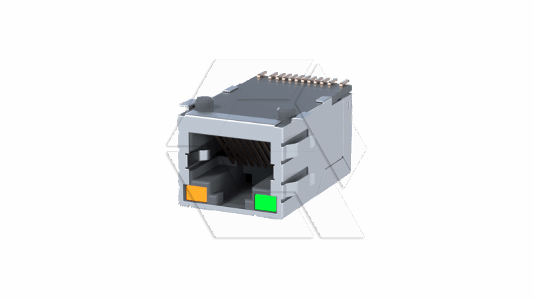 A close-up of a gray RJ45 Ethernet port connector with an orange and a green indicator light on the front, set against a plain white background.