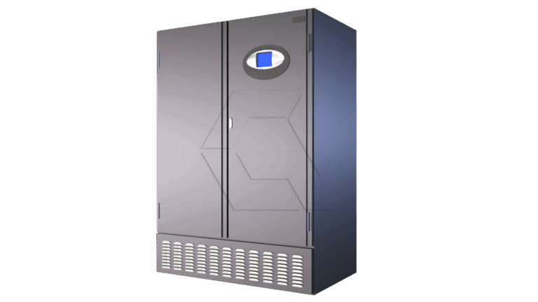 A tall, gray metal server or electrical cabinet with a vented panel at the bottom and a small digital display screen on the upper door, standing against a plain white background.