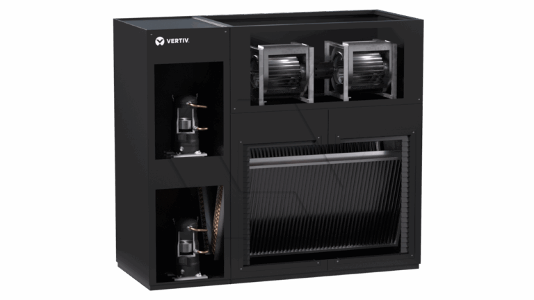 A large black Vertiv-branded industrial cooling unit with visible internal components, including fans, coils, and compressors, shown against a plain white background.