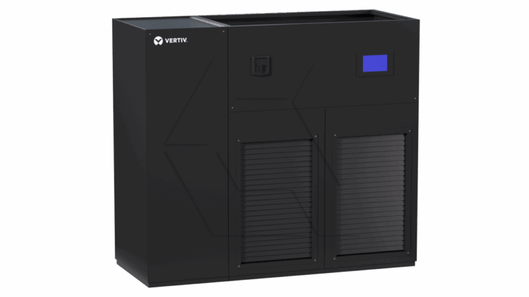 A black Vertiv industrial cooling unit with a blue digital display, two large vented panels at the bottom, and a small control panel above, standing against a plain white background.
