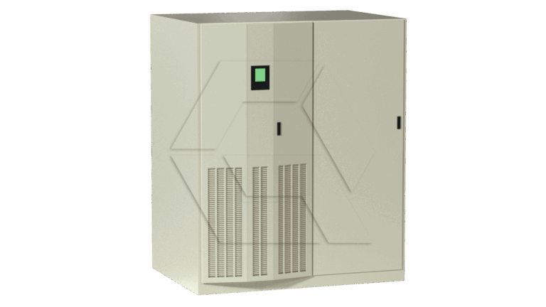 A beige industrial electrical cabinet with vented panels, two doors with handles, and a small green display screen on the front, set against a plain white background.