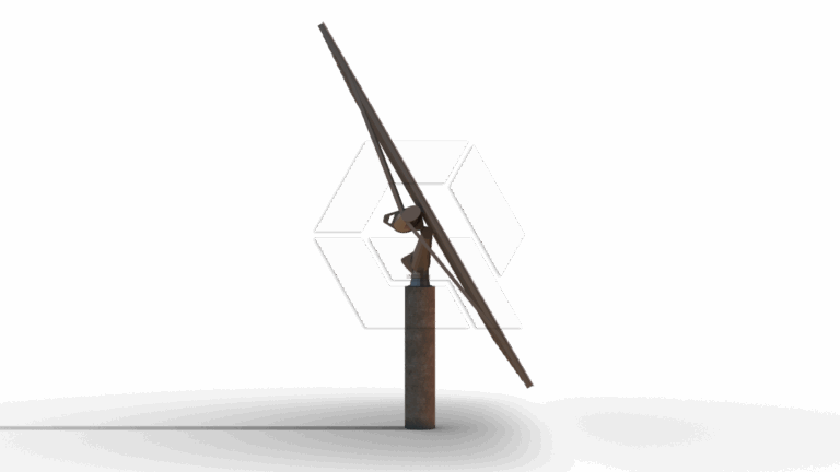 A metal sculpture of a figure pushing a large, angled pole upwards, mounted on a tall rectangular pedestal, set against a plain white background.