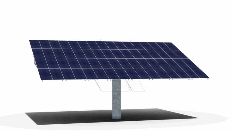 A large solar panel mounted on a single metal pole, angled upward, casts a shadow on the ground against a plain white background.