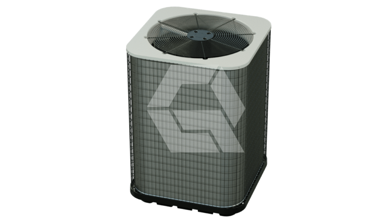 A rectangular outdoor air conditioning unit with a metal grille and fan on top, set against a plain background. The unit has vertical slats on the sides and a circular fan vent on the upper surface.
