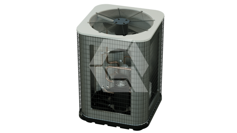 A 3D-rendered air conditioning unit with a wire mesh exterior, displaying internal components like copper pipes and a fan on top, shown against a plain light background.