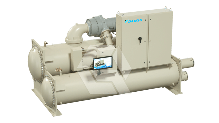 A large industrial chiller unit by Daikin, featuring cylindrical components, a control panel, pipes, and a touchscreen display, all in a beige metallic casing, isolated on a plain background.