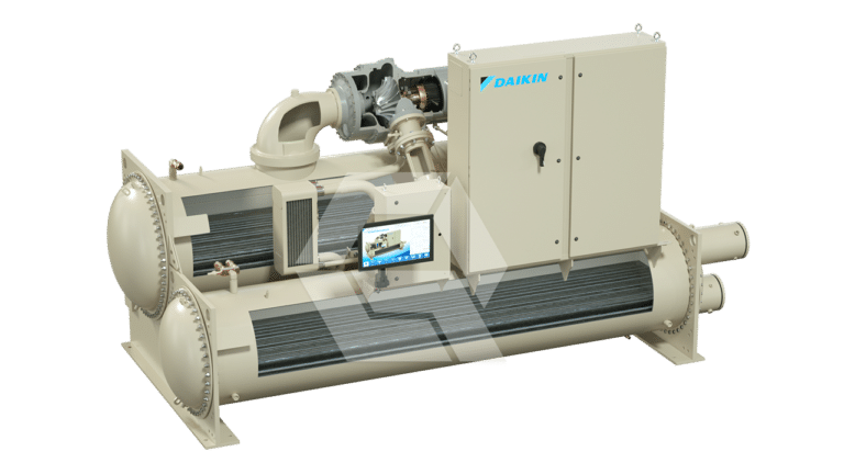A large beige industrial chiller unit by Daikin, featuring cylindrical components, cooling fins, a control panel, and various piping connections, placed against a plain white background.