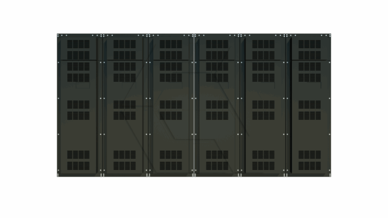 A row of eight black server racks with ventilation slots, viewed from the front against a plain white background.