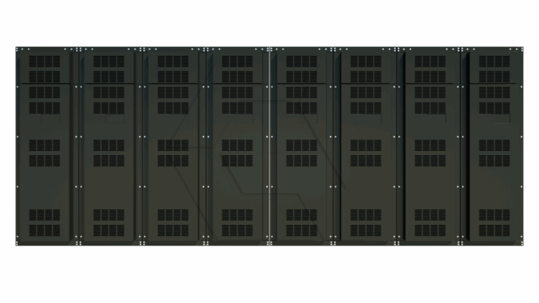 A row of black server racks with ventilation grilles and screws, aligned side by side against a plain white background.