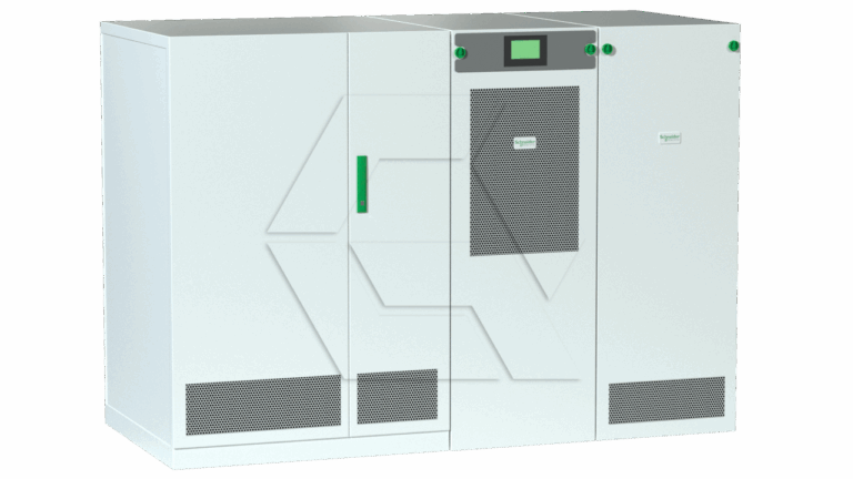 A large, white, industrial electrical cabinet with three sections, green handles, vent panels, and a small digital display panel. The cabinet is standing on a light background.