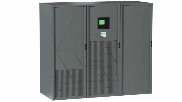 A large, rectangular, industrial gray cabinet with three vertical sections, one featuring a small digital display and a vented panel, likely used for housing electronic or electrical equipment.