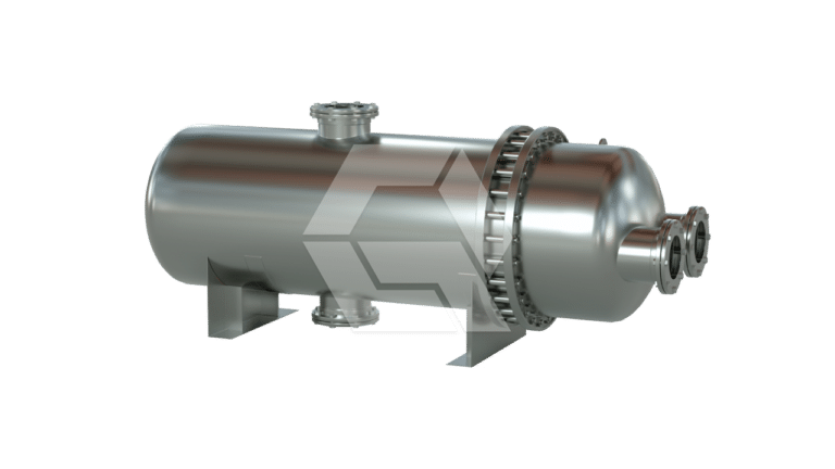 A metallic cylindrical heat exchanger with multiple pipe connections and support stands, displayed against a plain white background.