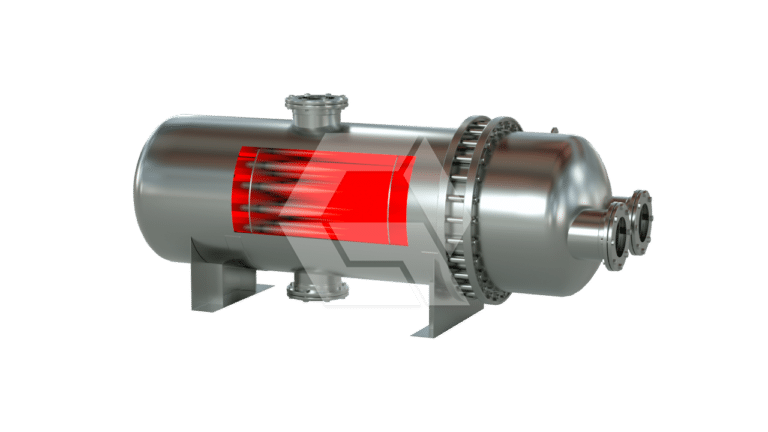 A 3D-rendered image of a metallic shell and tube heat exchanger with a cutaway section showing internal red tubes, set against a plain white background.