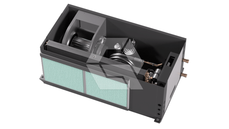 A 3D-rendered image of a black, rectangular HVAC unit with visible internal components, including a fan, coils, and filters. The unit has a modern, industrial design and is shown against a white background.