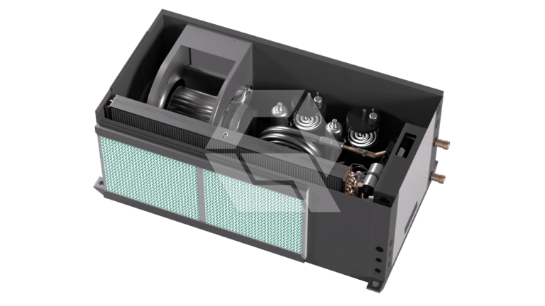 A black rectangular mechanical device with visible coils, valves, and cylindrical components, partially enclosed by a panel with a green mesh filter, viewed from above against a white background.