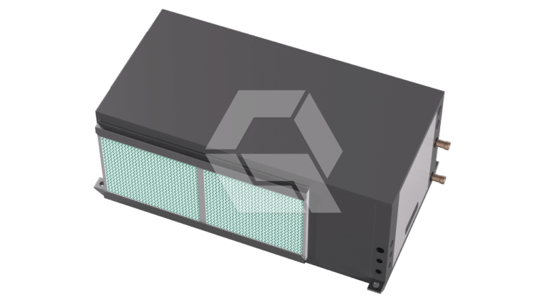A rectangular, dark gray HVAC or air conditioning unit with a light blue filter panel on one side and two copper pipes extending from the back. The image has a watermark over the unit.