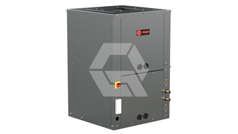 A large, rectangular Trane HVAC unit with a gray metal exterior, visible pipes, control panel, and brand logo on the upper front; the unit is shown on a plain white background.
