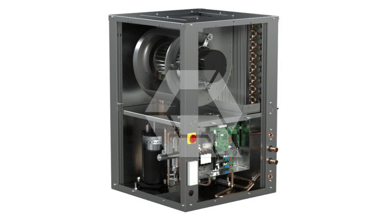 An HVAC furnace unit with its metal casing partially removed, revealing internal components such as a fan, circuit board, copper coils, wiring, and other mechanical parts.