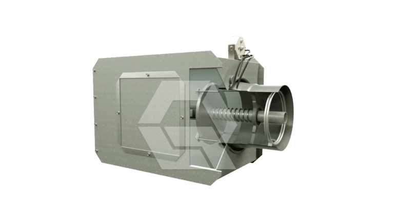 A metallic industrial device featuring a rectangular body, cylindrical extension, wiring, and mechanical components, photographed against a plain light background.