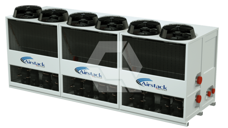 Three large industrial air conditioning units labeled "Airstack" with multiple fans on top and black vented panels on the front, arranged side by side on a white background.