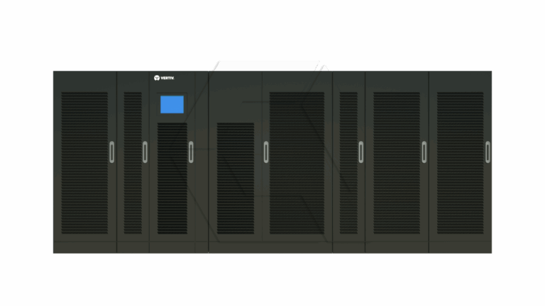 A large, black server cabinet with multiple doors and handles, featuring a small blue screen and a white logo on the upper left panel, all set against a plain white background.