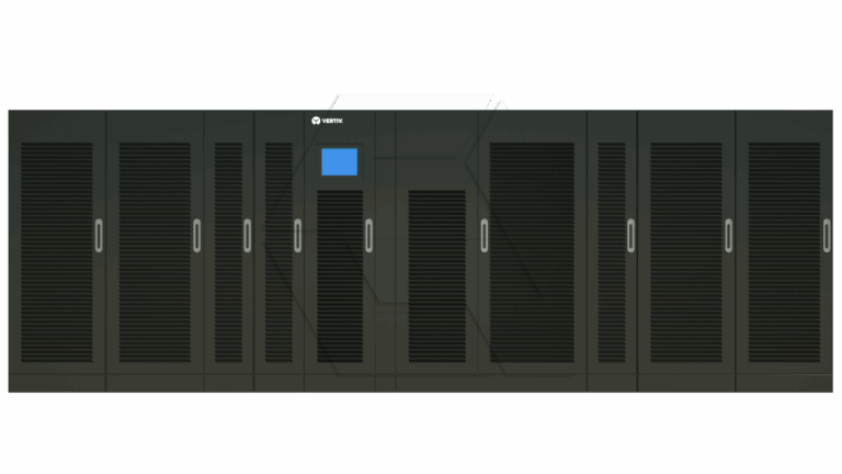 A row of black server racks with vented doors and silver handles, featuring a small blue digital screen on one rack, set against a plain white background.
