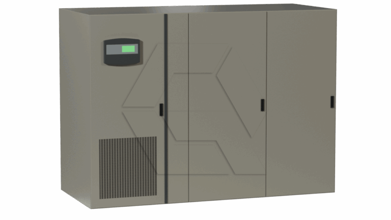 Large gray industrial cabinet with three doors, a small digital display on the left door, and ventilation grilles below the display. The cabinet appears to be used for housing electrical or electronic equipment.