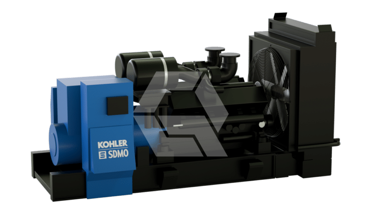 A 3D-rendered image of a KOHLER SDMO industrial generator with a blue casing on one end and a large black fan on the opposite side, displayed on a plain white background.