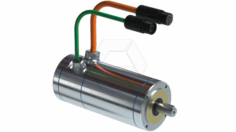 A cylindrical electric motor with a metallic finish, featuring two colored cables—one green and one orange—connected at the top and ending in black connectors. The shaft protrudes from one end.