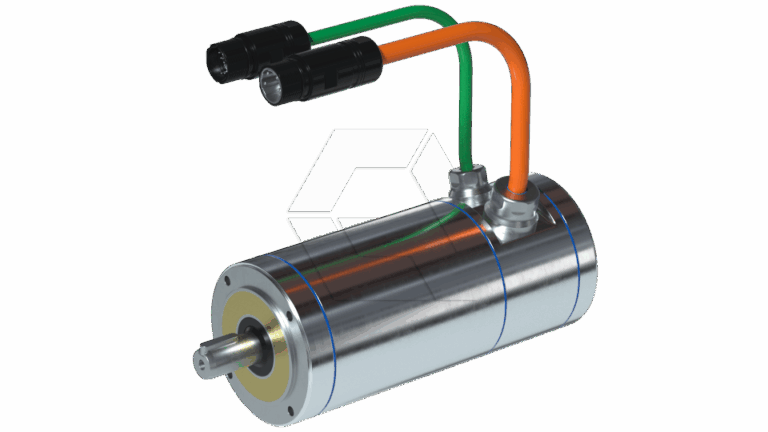 A metallic cylindrical electric motor with two cables—one orange and one green—attached to the top, each ending in a black connector. The motor has a central shaft and a shiny, silver surface.