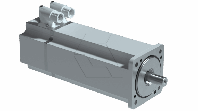 A silver industrial electric motor with a rectangular body, mounting flange, and a cylindrical shaft protruding from the front. Two electrical connectors are positioned on the top rear section. The background is plain white.