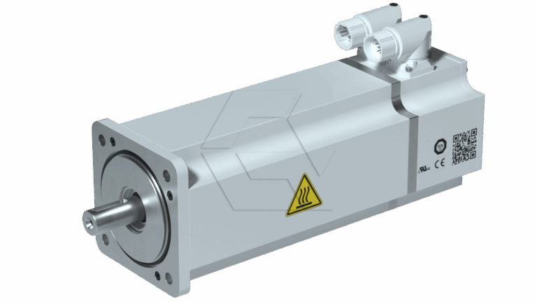 A silver industrial servo motor with a cylindrical shaft, mounting plate, and heat warning symbol. Two white cable connectors are on top, and certification labels and a QR code are visible on the side.