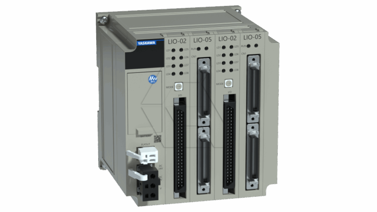 A Yaskawa industrial automation controller with three labeled expansion modules (LIO-02, LIO-02, LIO-05), various ports, connectors, and indicator lights on a gray casing.