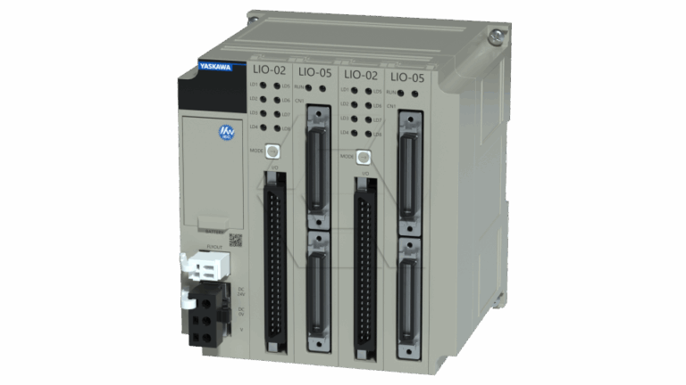 A Yaskawa industrial automation module featuring multiple input/output slots labeled LIO-02 and LIO-05, connectors, indicator lights, and a QR code on a gray rectangular unit.