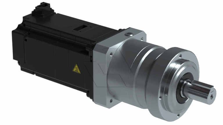 A black and silver industrial electric motor with a gearbox and a cylindrical metal shaft, viewed from an angle showing its mechanical and electrical components.