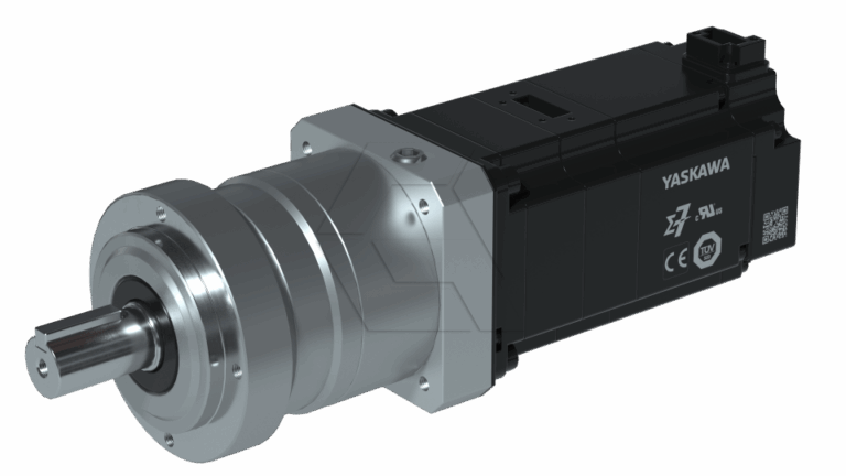 A black and silver Yaskawa electric servo motor with a cylindrical metal shaft and mounting plate on one end, featuring visible branding and certification labels.