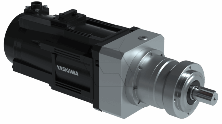 A Yaskawa-branded industrial servo motor with a robust black and silver design, featuring a cylindrical body and a prominent metal gearbox and shaft at the front.