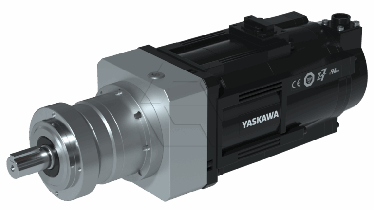 A black and silver Yaskawa industrial electric motor with a cylindrical metal gearbox, various certification symbols, and a visible shaft on one end.