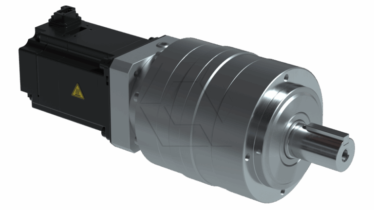 A close-up of an industrial servo motor with a shiny metallic gearbox and cylindrical output shaft, attached to a black rectangular housing with a warning sticker.