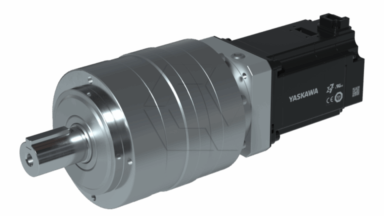 A metallic Yaskawa servo motor with a cylindrical gearbox attached, featuring a smooth silver shaft and detailed external components against a plain white background.