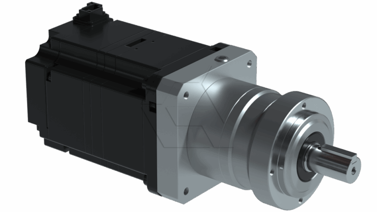 A 3D-rendered image of an industrial servo motor with a black rectangular body and a metallic cylindrical gearbox attached to a rotating shaft on one end.