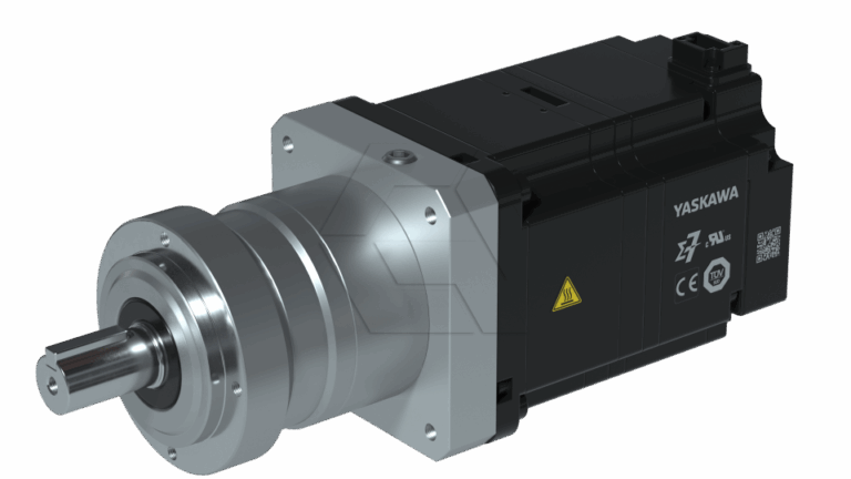 A black and silver Yaskawa servo motor with a cylindrical gear assembly, featuring labels, warning symbols, and certification marks on its side.