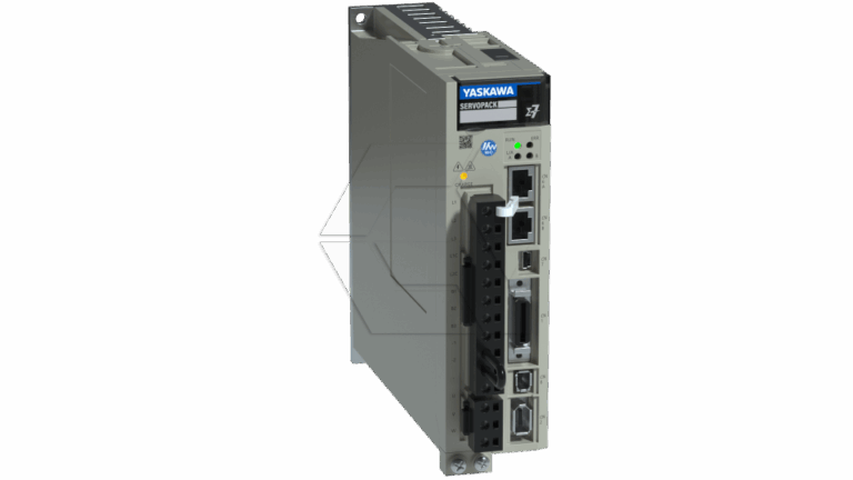 A Yaskawa SERVOPACK industrial servo drive unit with multiple input/output ports and a display panel on the front, used for controlling servo motors in automation systems.