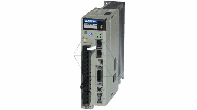 A Yaskawa SERVOPACK industrial servo drive unit with multiple ports, indicator lights, a cooling fan, and a gray casing, used for controlling servo motors in automation systems.