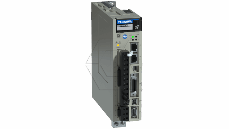 Yaskawa SERVOPACK industrial servo drive unit with multiple ports, indicator lights, and labeled panel on a light background.