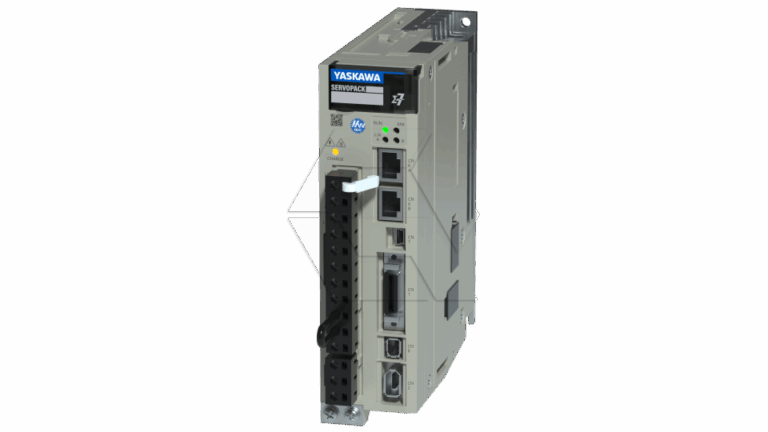 Yaskawa SERVOPACK industrial servo drive unit with various ports, indicator lights, and labeled connections on a metallic casing, standing upright against a plain background.