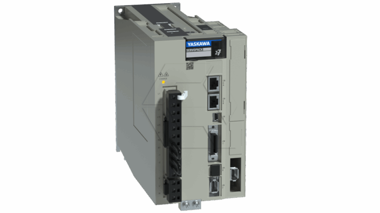 A Yaskawa servo drive unit featuring multiple ports and connectors on its front panel, labeled “YASKAWA” with the model “SERVOPACK,” in a light gray housing.
