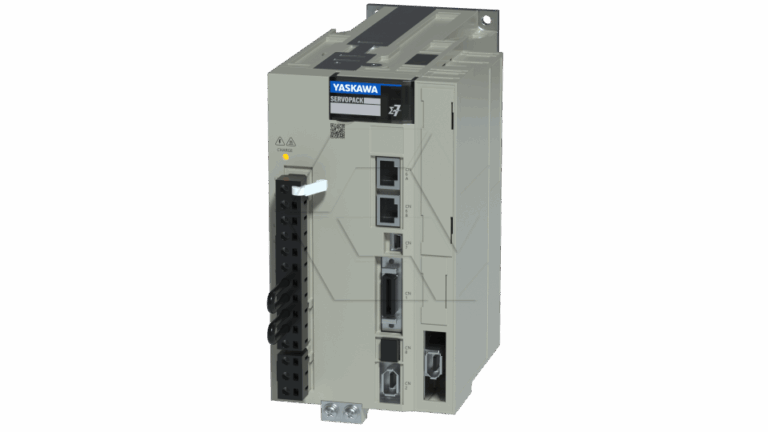 A Yaskawa SERVOPACK industrial servo drive unit with various ports and connectors on the front panel, shown against a plain light background.