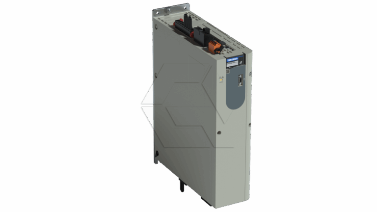 A gray industrial drive unit with a small display screen, buttons, and wiring ports on the top, mounted vertically against a plain background.