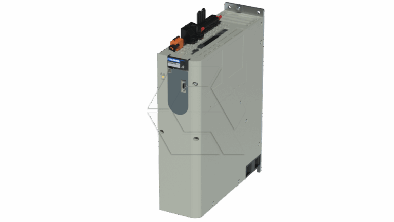 A gray industrial electronic device, likely a servo drive or controller, with multiple connection ports and buttons on top, mounted on a vertical metal plate against a plain white background.